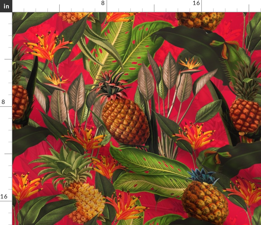 Pierre-Joseph Redouté-Fruit Cocktail - Vintage Tropical Palm Jungle, flower Pineapple fabric, Palm fabric,vintage hawaiian fabric on fiery red