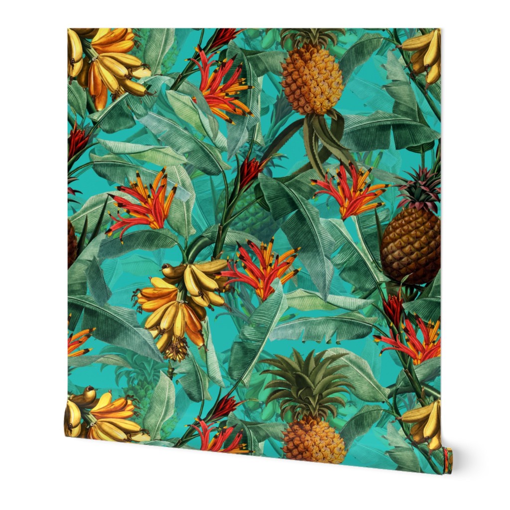 Pierre-Joseph Redouté Fruit Cocktail - Vintage Tropical Palm Jungle, Banana Pineapple fabric, Palm fabric,vintage hawaiian fabric on teal