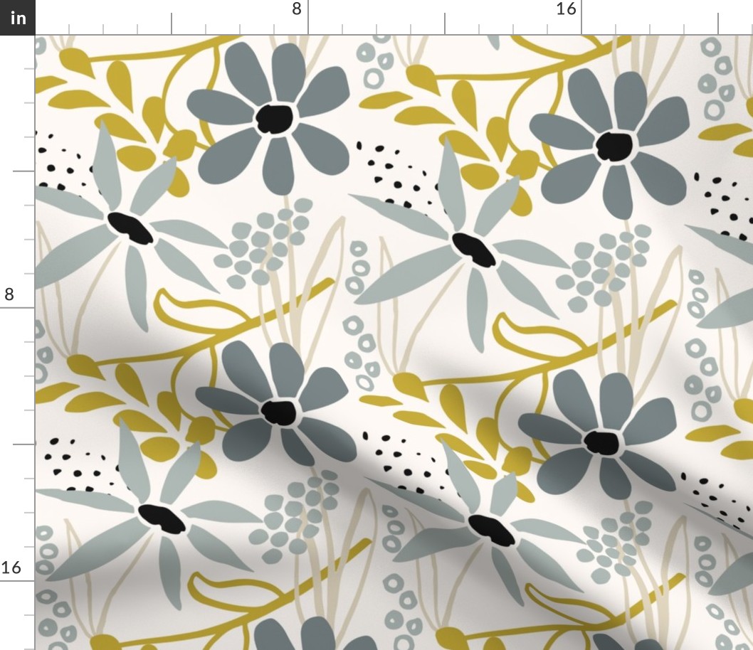 Floral Medley in Ochre and Gray