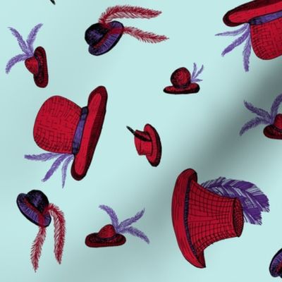 A Windy Day at the Races - Scarlet Hats with Purple Plumes on Sky Blue