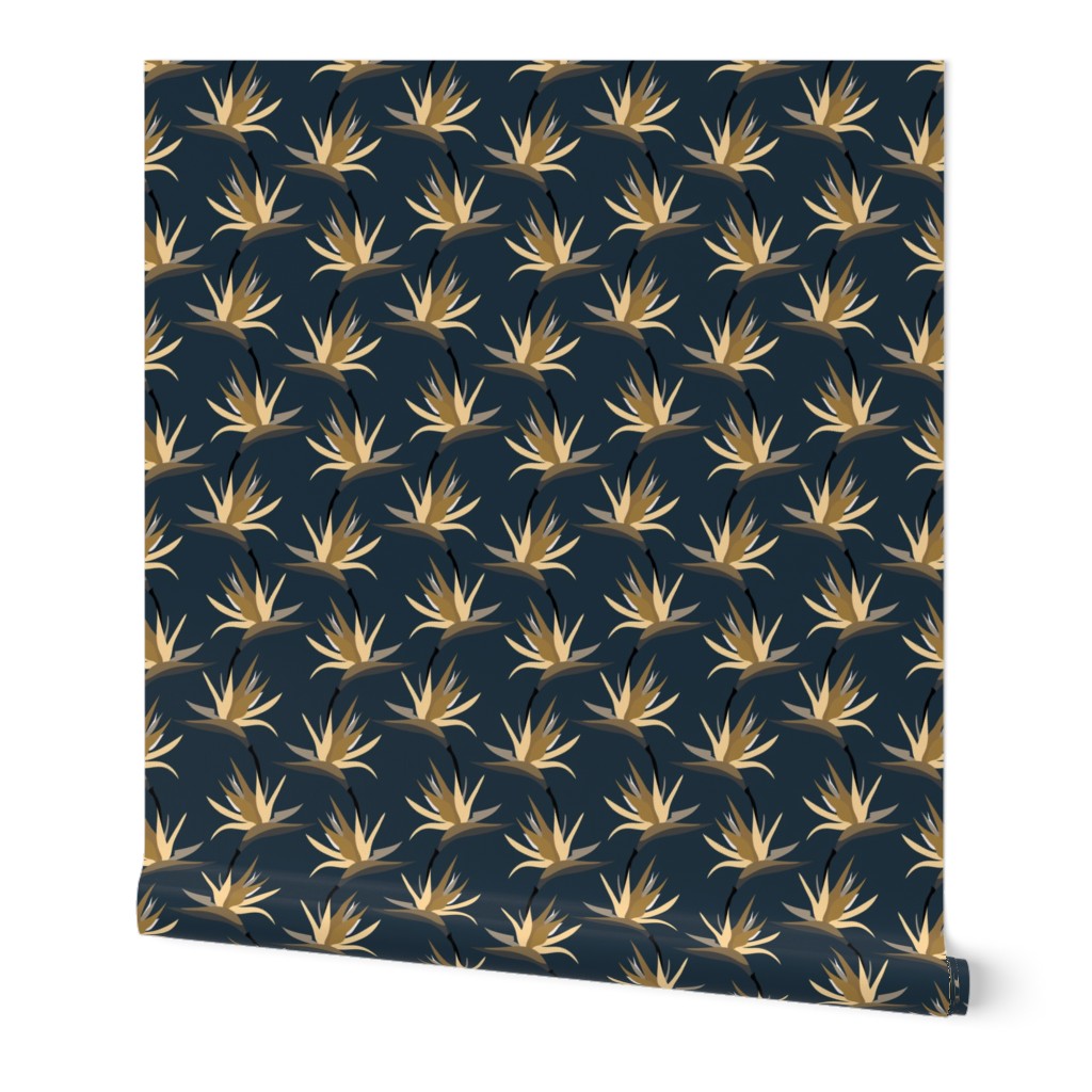 Bird of Paradise Tropical Flowers - navy and cream