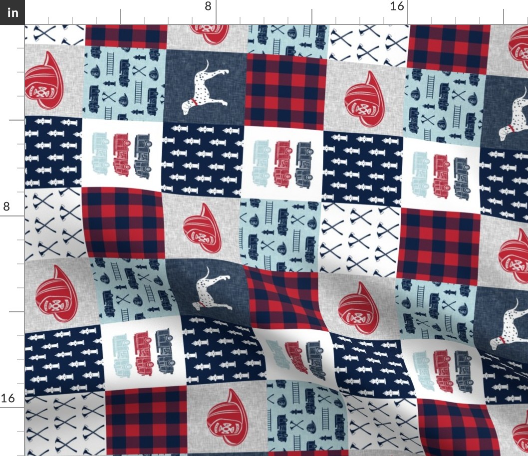 (3" small scale) firefighter wholecloth - patchwork - red blue navy (90) C19BS