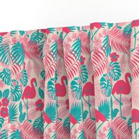 flamingos and tropical palms