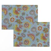 different fantasy sun faces, large scale, blue gray grey yellow orange red