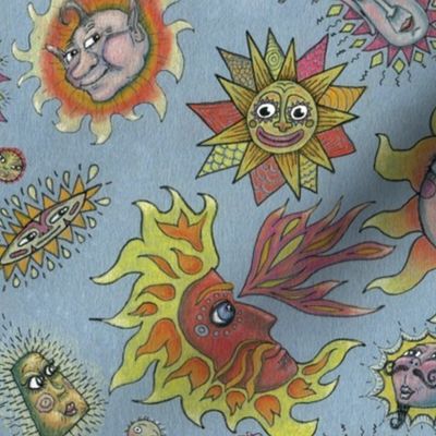 different fantasy sun faces, large scale, blue gray grey yellow orange red