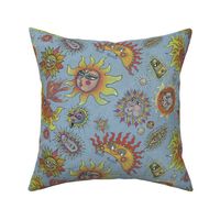 different fantasy sun faces, large scale, blue gray grey yellow orange red