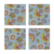 different fantasy sun faces, large scale, blue gray grey yellow orange red