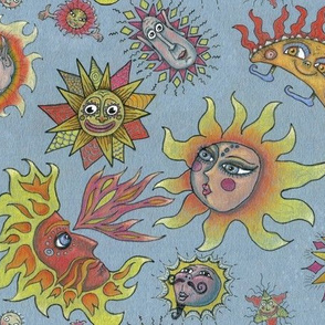 different fantasy sun faces, large scale, blue gray grey yellow orange red
