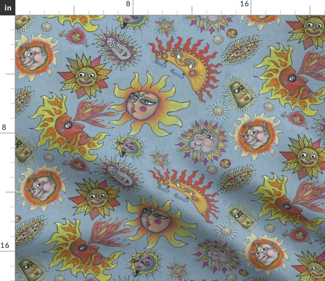 different fantasy sun faces, large scale, blue gray grey yellow orange red