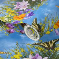 Butterflies and Floral Garland on Blue Sky