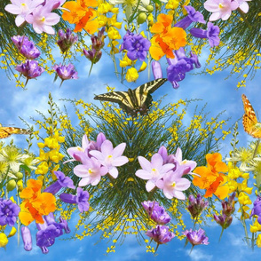 Butterflies and Floral Garland on Blue Sky