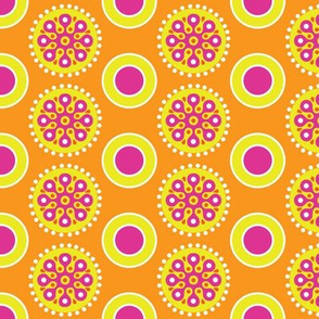 Orange, Yellow, Pink Abstract Flowers and Dots