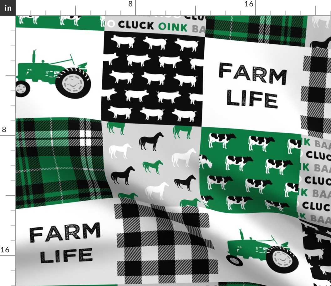 FARM LIFE wholecloth - black and green patchwork - tractor with plaid C19BS