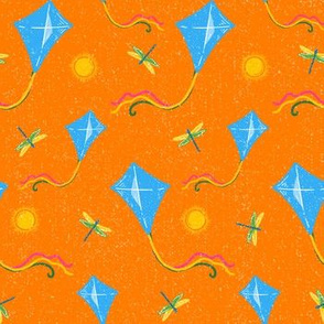 Kites + Dragonflies // Lazy Sunny Summer Days // Small Scale // Flying Kites on Orange with Texture 