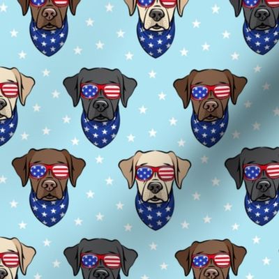 all the labs - patriotic Labrador fabric - yellow, black, chocolate lab faces with sunglasses (blue) - LAD19