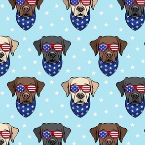 all the labs - patriotic Labrador fabric - yellow, black, chocolate lab faces with sunglasses (blue) - LAD19