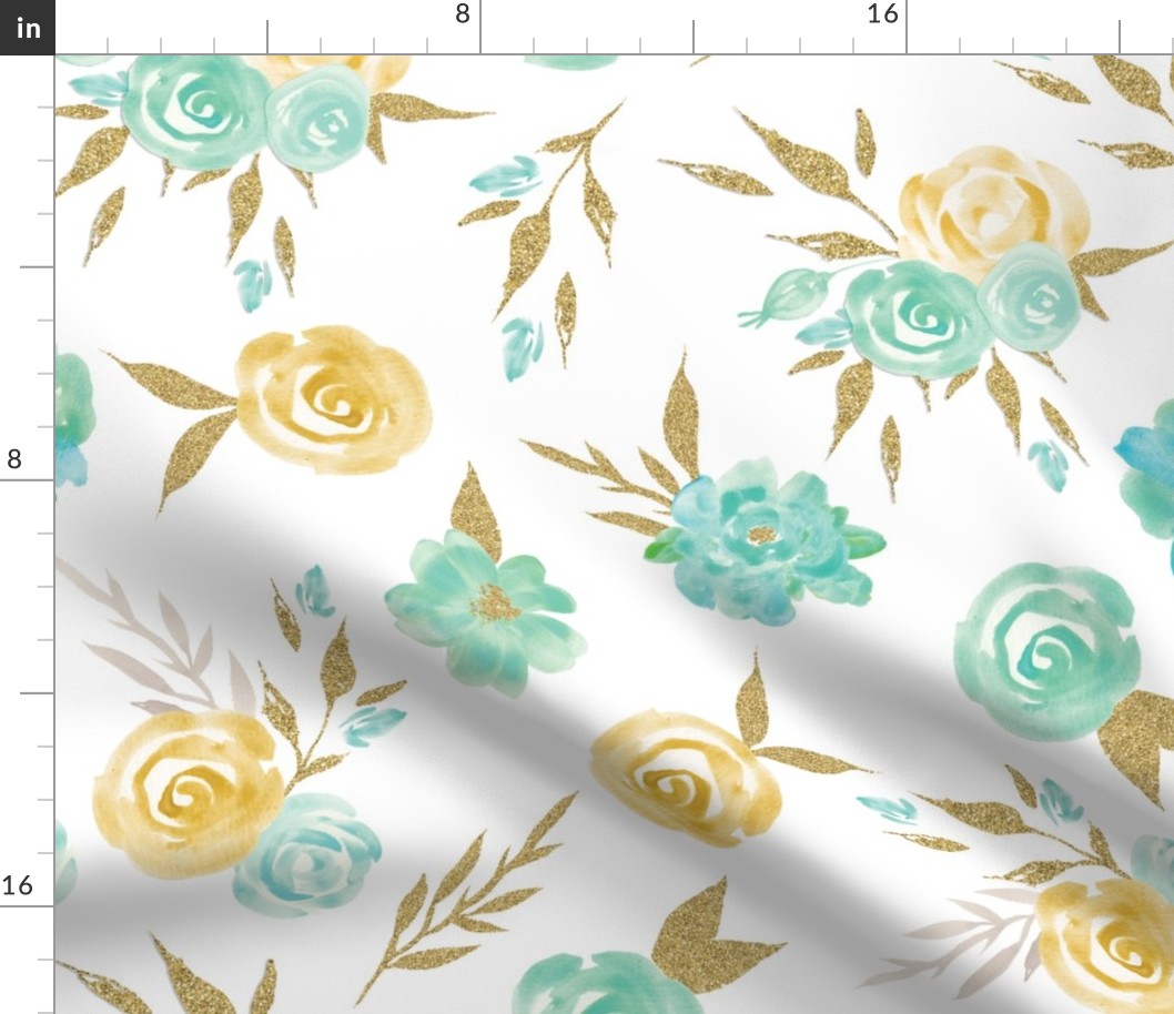 mint gold glitter watercolor floral