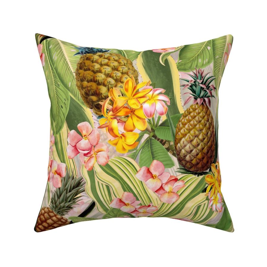 AOYEGO Tropical Flowers with Pineapple Throw Pillow Cover Summer Palm Leaf Jungle Plant Foliage Pillow Case 18x18 Inch Square Cushion Cotton Linen Decorative for Couch Bed Home 