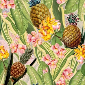 18" Fruit Cocktail - Vintage Tropical Palm Jungle, flower Pineapple fabric, Palm fabric,vintage hawaiian fabric on blush pink