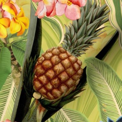 18" Fruit Cocktail - Vintage Tropical Palm Jungle, Flower Pineapple fabric, Palm fabric,vintage hawaiian fabric on green