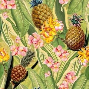 18" Fruit Cocktail - Vintage Tropical Palm Jungle, Flower Pineapple fabric, Palm fabric,vintage hawaiian fabric on green