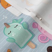 Small scale // Kawaii Cuddly Animal Ice Creams // panda fox pig bunny unicorns bear popsicles on pale blue background