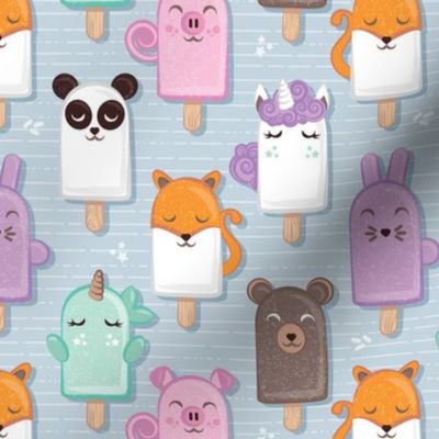 Small scale // Kawaii Cuddly Animal Ice Creams // panda fox pig bunny unicorns bear popsicles on pale blue background