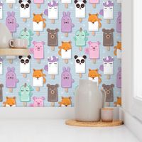 Small scale // Kawaii Cuddly Animal Ice Creams // panda fox pig bunny unicorns bear popsicles on pale blue background