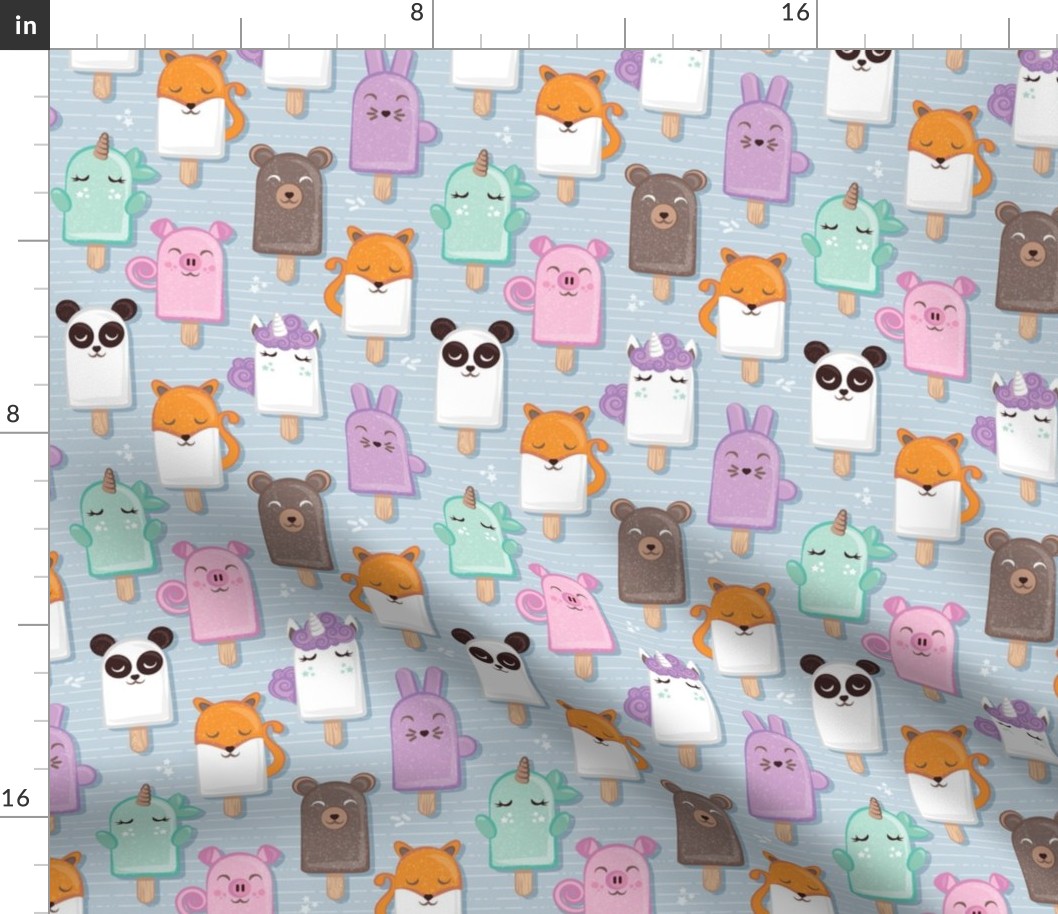 Small scale // Kawaii Cuddly Animal Ice Creams // panda fox pig bunny unicorns bear popsicles on pale blue background