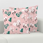 Bohemian summer blossom botanical leaves and flower branch and indian summer detailing pink green JUMBO