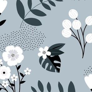Bohemian summer blossom botanical leaves and flower branch and indian summer detailing blue gray