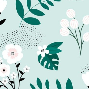 Bohemian summer blossom botanical leaves and flower branch and indian summer detailing mint green JUMBO