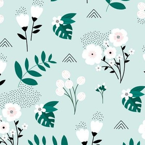 Bohemian summer blossom botanical leaves and flower branch and indian summer detailing mint green