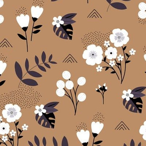 Bohemian summer blossom botanical leaves and flower branch and indian summer detailing brown rust 