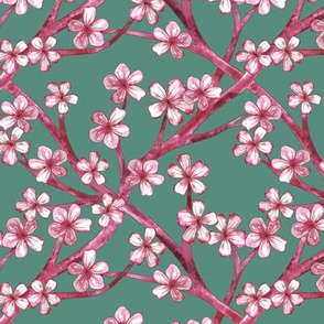 Eclectic Chinoiserie Lattice - Pink Cherry on Mint