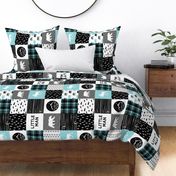Little man & Happy Camper patchwork wholecloth ||black and teal (90) 