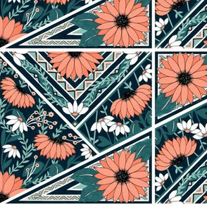 Vintage Sunflowers - coral-teal