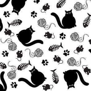 Black Cats and Their Playthings, Scattered on White Background