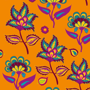 Indian Kalamkari floral pattern on oragne 