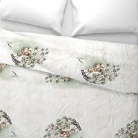 bunny roses and bird, placement print large pillow