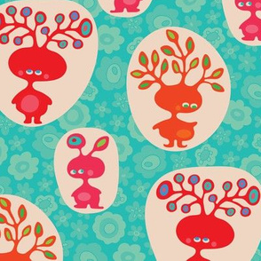 Tree Heads Cute Kids Children's Funny Plant Creatures in Bright Red Orange Pink Turquoise - UnBlink Studio by Jackie Tahara