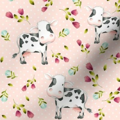 Spotted Cows – Pink & Blue Flowers - Baby Pink Dot