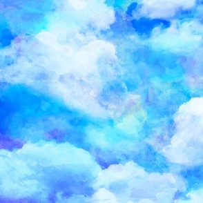 Watercolor Light Blue, Blue and White Clouds 