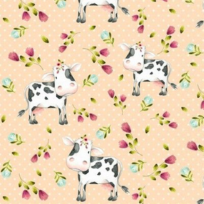 Spotted Cows – Pink & Blue Flowers - Apricot Dot