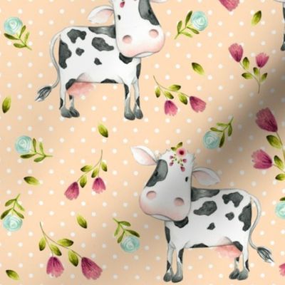 Spotted Cows – Pink & Blue Flowers - Apricot Dot