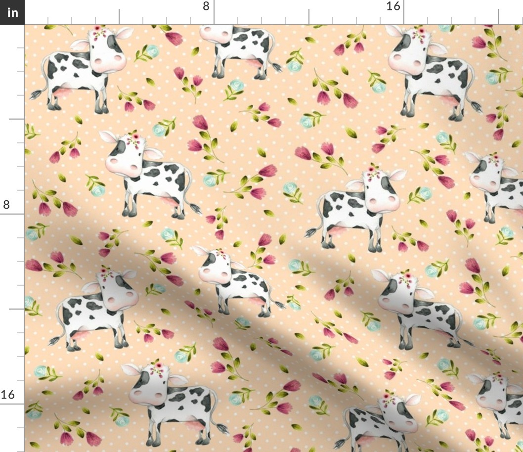 Spotted Cows – Pink & Blue Flowers - Apricot Dot