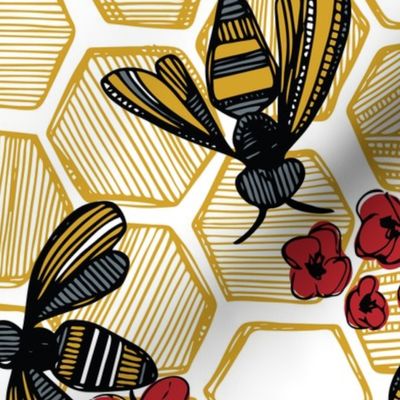 Honey Bee Hexagon Red on White Large