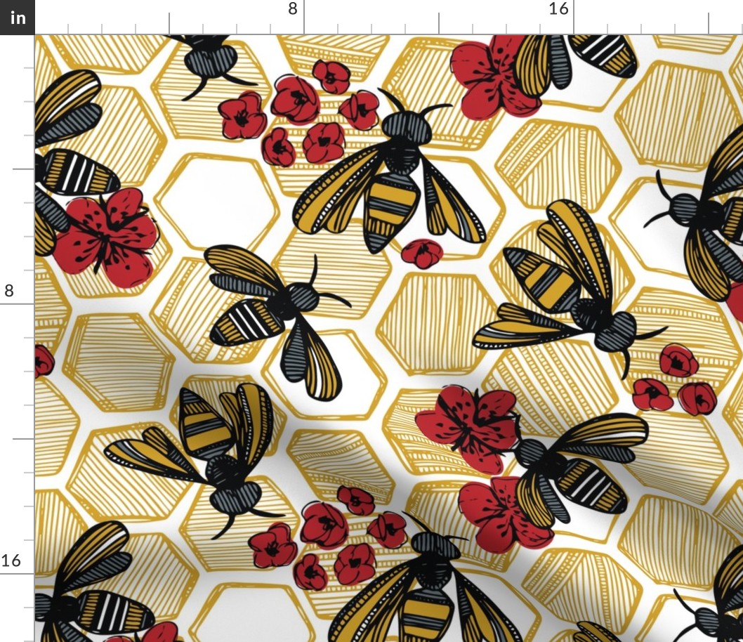 Honey Bee Hexagon Red on White Large