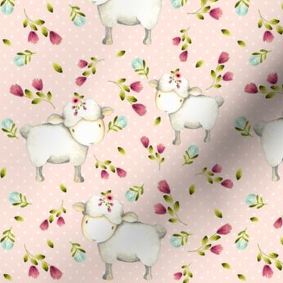 Cute Sheep - Pink & Blue Flowers (baby pink dot) smaller