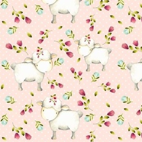 Cute Sheep - Pink & Blue Flowers (baby pink dot) smaller